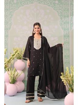 Scakhi - Women Black Embroidered Mirror Work Kurta with Farshi Salwar and Dupatta