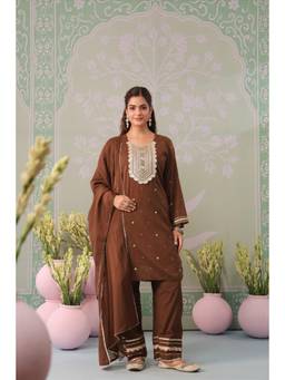 Scakhi - Women Brown Embroidered Mirror Work Kurta with Farshi Salwar and Dupatta