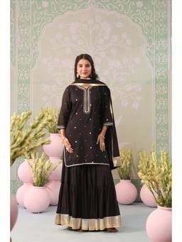 Scakhi - Women Black Embroidered Mirror Work Kurti with Sharara and Dupatta