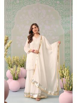 Scakhi - Women Off White Embroidered Mirror Work Kurti with Sharara and Dupatta