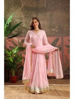 Scakhi - Women Pink Embroidered Mirror Work Angarkha Kurta with Pant and Dupatta