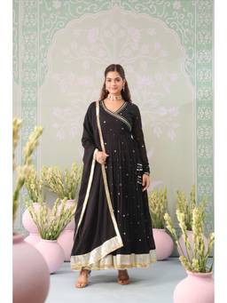 Scakhi - Women Black Embroidered Mirror Work Angarkha Kurta with Pant and Dupatta