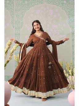 Scakhi - Women Brown Embroidered Mirror Work Angarkha Kurta with Pant and Dupatta