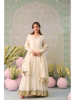 Scakhi - Women Off White Embroidered Mirror Work Angarkha Kurta with Pant and Dupatta