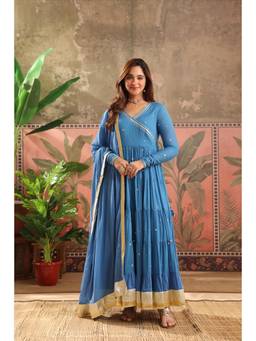 Scakhi - Women Blue Embroidered Mirror Work Angarkha Kurta with Pant and Dupatta