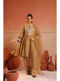 Scakhi - Women Gold Embroidered Gota Kurti with Farshi Salwar and Dupatta