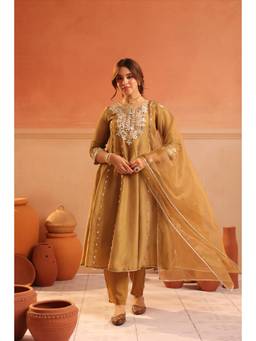 Scakhi - Women Gold Embroidered Gota Anarkali Kurta with Pant and Dupatta