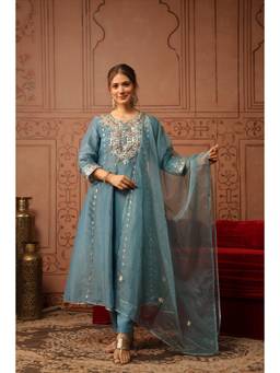 Scakhi - Women Teal Embroidered Gota Anarkali Kurta with Pant and Dupatta