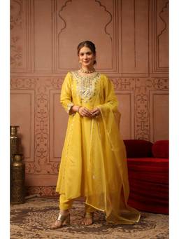 Scakhi - Women Yellow Embroidered Gota Anarkali Kurta with Pant and Dupatta