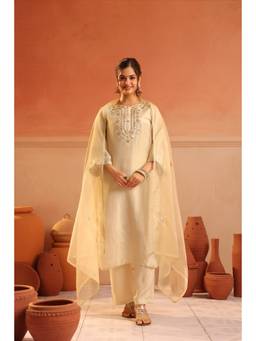 Scakhi - Women Cream Embroidered Gota Kurta with Pant and Dupatta