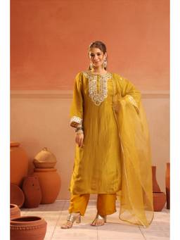 Scakhi - Women Mustard Embroidered Gota Kurta with Pant and Dupatta