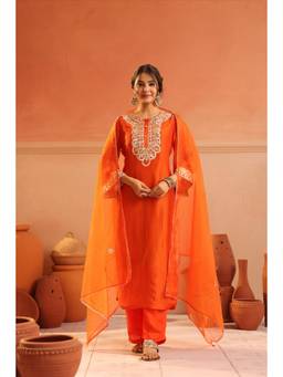 Scakhi - Women Orange Embroidered Gota Kurta with Pant and Dupatta