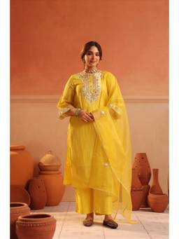 Scakhi - Women Yellow Embroidered Gota Kurta with Pant and Dupatta