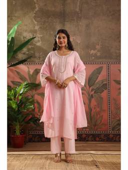 Scakhi - Women Pink Embroidered Mirror Work Kurta with Pant and Dupatta