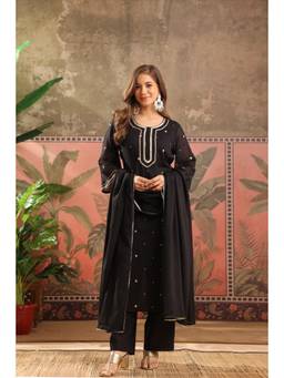 Scakhi - Women Black Embroidered Mirror Work Kurta with Pant and Dupatta