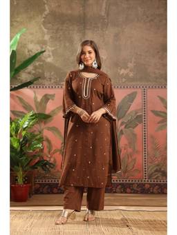 Scakhi - Women Brown Embroidered Mirror Work Kurta with Pant and Dupatta