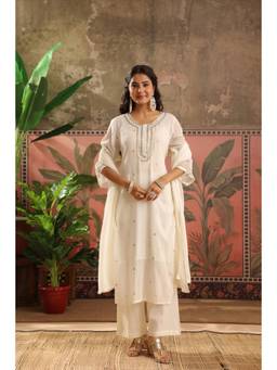 Scakhi - Women Off White Embroidered Mirror Work Kurta with Pant and Dupatta