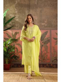 Scakhi - Women Lime Green Embroidered Mirror Work Kurta with Pant and Dupatta