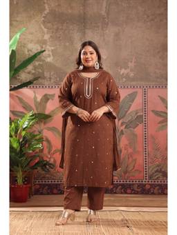 Scakhi - Women Brown Embroidered Mirror Work Kurta with Pant and Dupatta