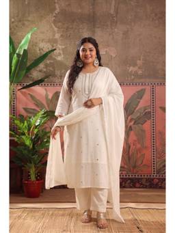 Scakhi - Women Off White Embroidered Mirror Work Kurta with Pant and Dupatta