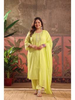 Scakhi - Women Lime Green Embroidered Mirror Work Kurta with Pant and Dupatta