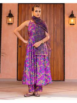 Ambraee - Women Purple Floral Printed Anarkali Kurta with Pant and Dupatta