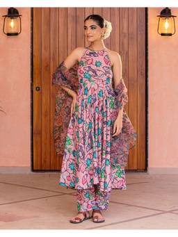 Ambraee - Women Pink Floral Printed Anarkali Kurta with Pant and Dupatta