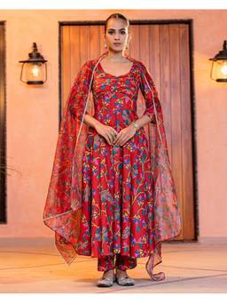 Ambraee - Women Red Floral Printed Anarkali Kurta with Pant and Dupatta