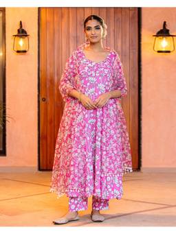 Ambraee - Women Pink Floral Printed Anarkali Kurta with Pant and Dupatta