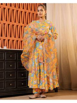 Ambraee - Women Yellow Floral Printed Anarkali Kurta with Pant and Dupatta