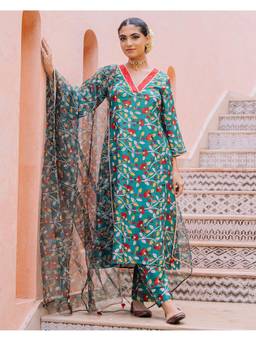 Ambraee - Women Teal Floral Printed Kurta with Pant and Dupatta
