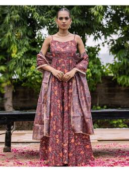 Ambraee - Women Maroon Floral Printed Anarkali Kurta with Pant and Dupatta