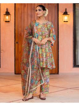 Ambraee - Women Multi-Color Floral Printed Kurta with Pant and Dupatta