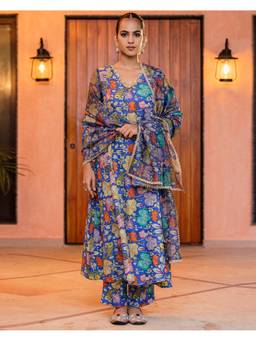Ambraee - Women Blue Floral Printed Anarkali Kurta with Pant and Dupatta