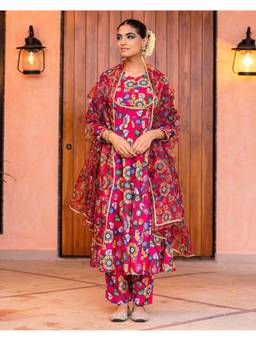 Ambraee - Women Pink Floral Printed Anarkali Kurta with Pant and Dupatta