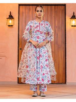 Ambraee - Women White Floral Printed Angarkha Kurta with Pant and Dupatta