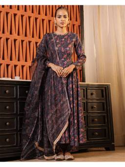 Ambraee - Women Dark Purple Floral Printed Anarkali Kurta with Pant and Dupatta