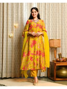 Ambraee - Women Yellow Floral Printed Kurta with Pant and Dupatta