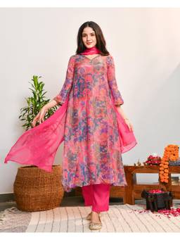 Ambraee - Women Pink Floral Mirror Work Kurta with Pant and Dupatta