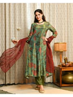 Ambraee - Women Green Floral Printed Anarkali Kurta with Pant and Dupatta