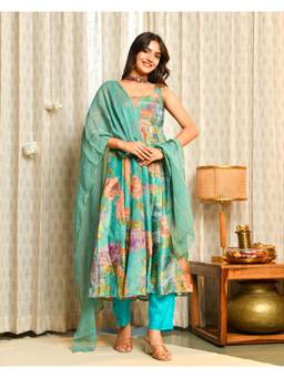 Ambraee - Women Sea Green Floral Printed Anarkali Kurta with Pant and Dupatta