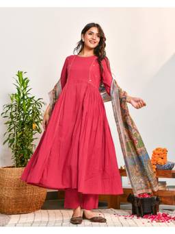 Ambraee - Women Red Solid Mirror Work Anarkali Kurta with Pant and Dupatta
