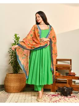 Ambraee - Women Green Embroidered Mirror Work Anarkali Kurta with Pant and Dupatta