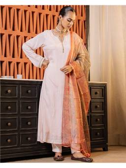 Ambraee - Women Off White Solid Mirror Work Kurta with Pant and Dupatta