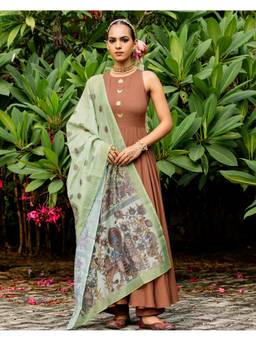 Ambraee - Women Brown Solid Sequined Work Anarkali Kurta with Pant and Dupatta