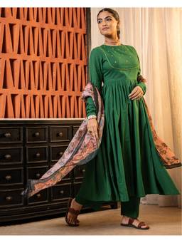 Ambraee - Women Green Solid Sequined Work Anarkali Kurta with Pant and Dupatta