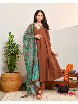 Ambraee - Women Brown Solid Beads and Stones Anarkali Kurta with Pant and Dupatta