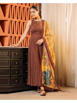 Ambraee - Women Brown Embroidered Beads and Stones Anarkali Kurta with Pant and Dupatta