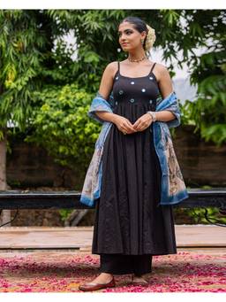 Ambraee - Women Black Solid Mirror Work Anarkali Kurta with Pant and Dupatta