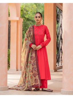 Ambraee - Women Red Embroidered Sequined Work Anarkali Kurta with Pant and Dupatta